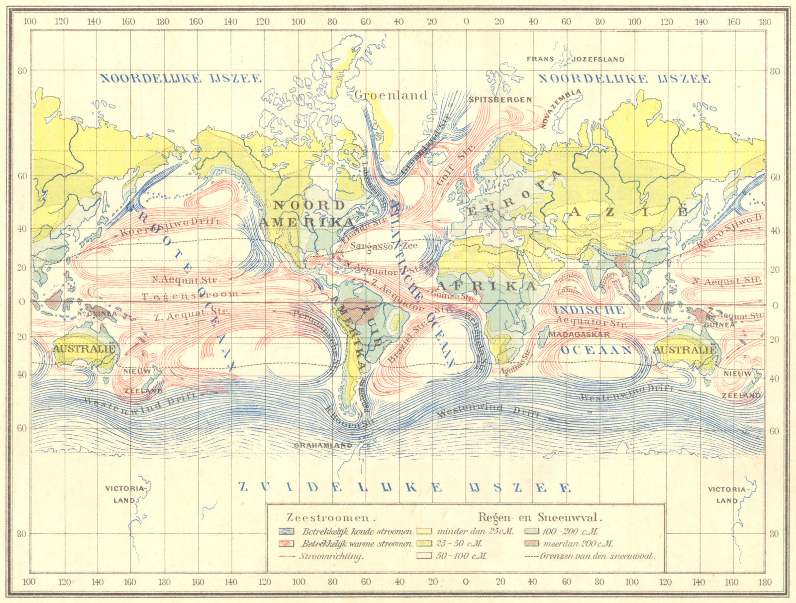 WORLD. Zeestroomen- Regen en Sneeuwval 1922 old antique vintage map plan chart
